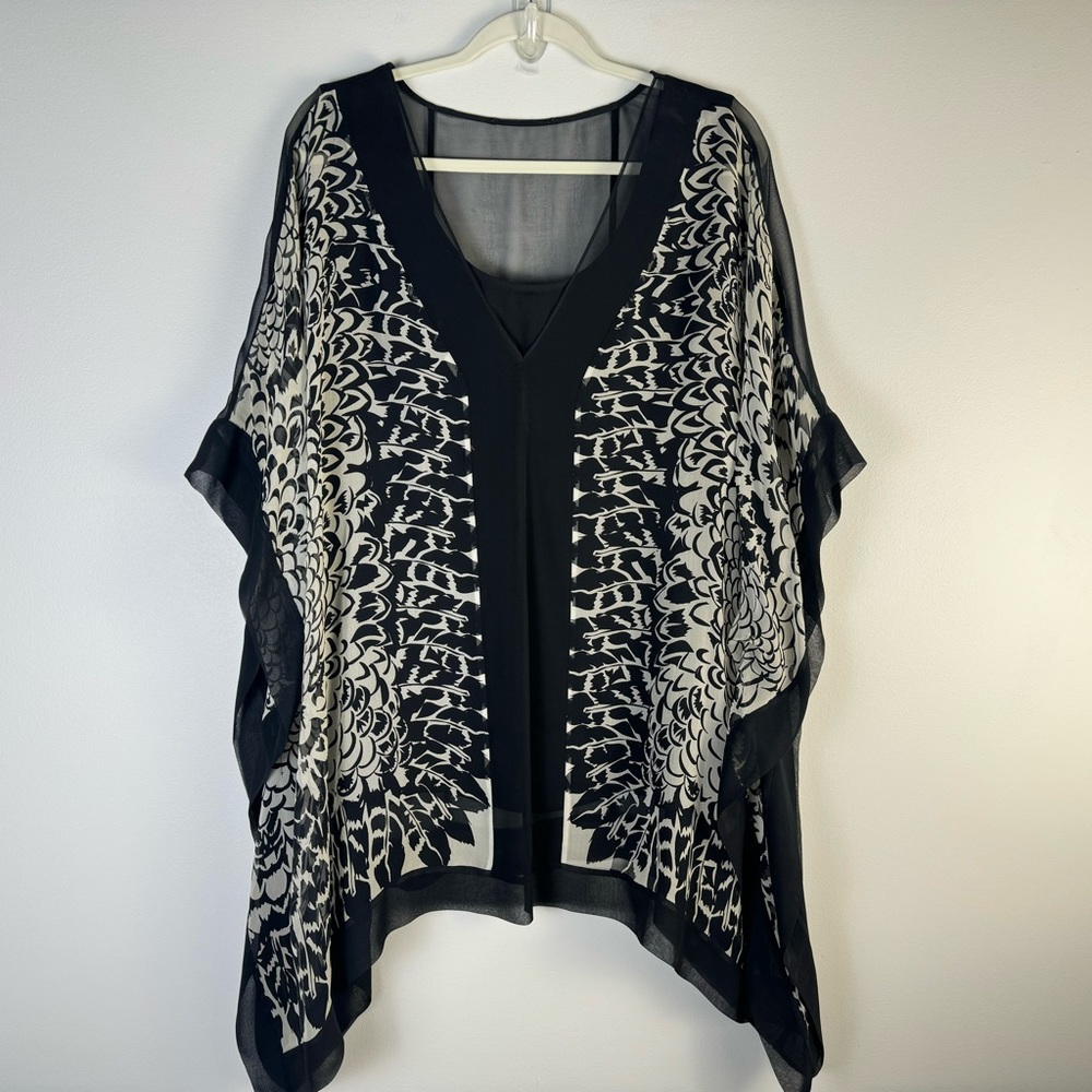 Harari Silk Poncho 1X Flowy Black White with Tank 2X Top Blouse Graphic Print - Picture 12 of 12